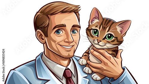 Close-up portrait of male veterinarian holding a small kitten. Isolated white background shows care, compassion, and expertise in animal health.