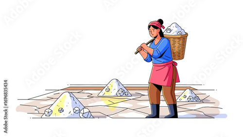 Salt Harvester: A diligent salt harvester navigates the salt pans, carrying a basket brimming with freshly harvested salt.
