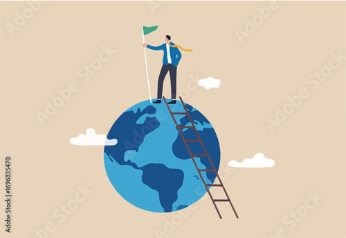 Winning world or global business success, international opportunity to grow and expand business, worldwide career development concept, success businessman climb up ladder holding winning flag on globe