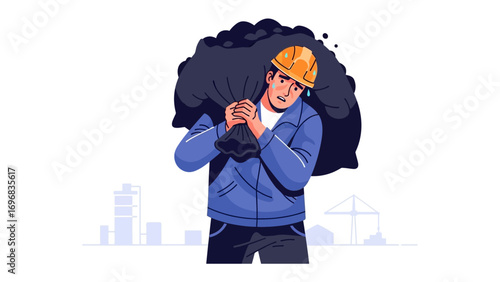 Hardship and Determination: An illustration of a resolute worker burdened with the weight of a coal sack, symbolizing hard labor.