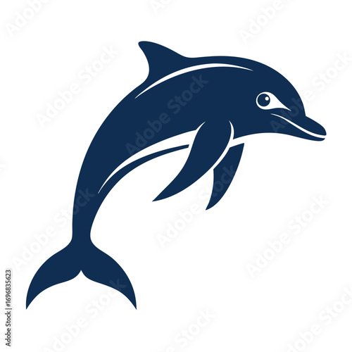 Dark blue silhouette of a jumping dolphin with white wave detail on white background animal marine