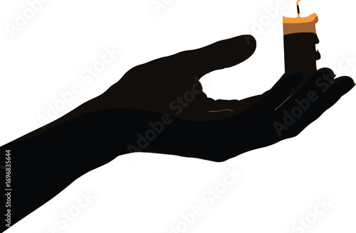 Silhouette hand holding a small candle with burning wick, vector illustration symbolizing light, hope, warmth, peace, spirituality, and meditation concept.