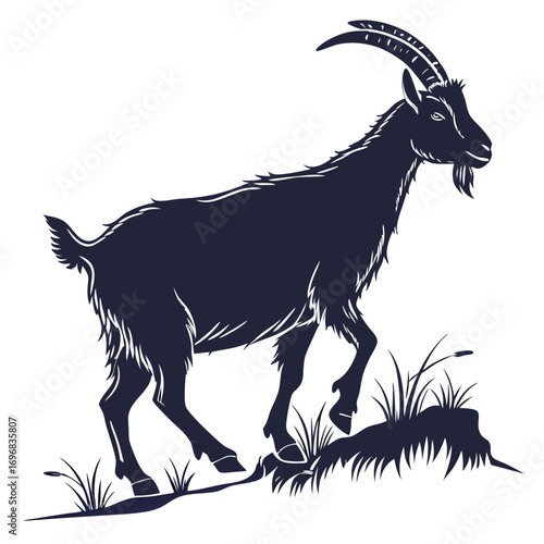 Dark blue silhouette of a goat walking through grass on a white background animal