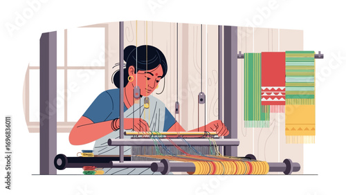 Weaver at Work: A skilled weaver intricately works on a traditional loom, skillfully crafting colorful textiles and celebrating the timeless art of handmade craftsmanship.