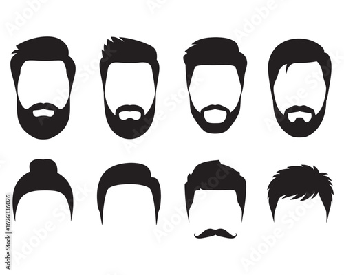 A vector set of eight different men's hairstyles and facial hair options, perfect for a barbershop or salon icon