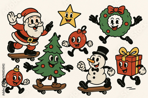 Anthropomorphic Christmas Cartoon Characters in 1930s Rubber Hose Style