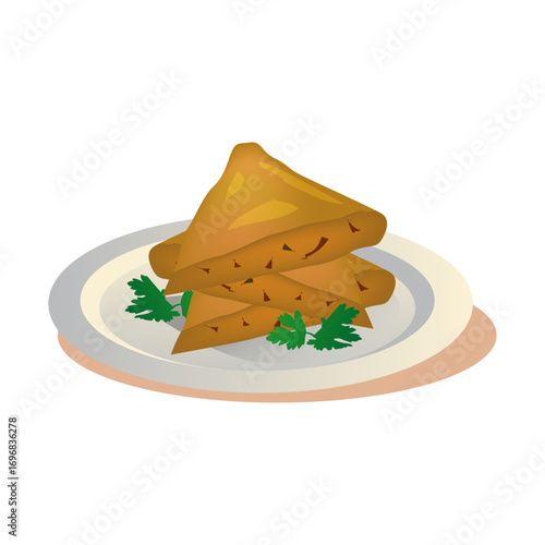 Illustration of golden brown samosas served on a plate with fresh herbs garnish.