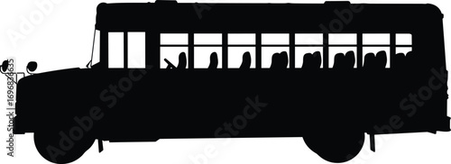 Silhouette of a classic school bus side view with visible seats and steering wheel, vintage vehicle illustration, public transportation concept.