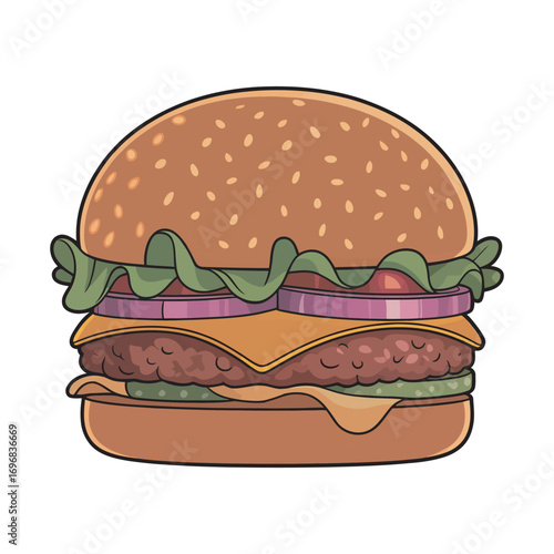 Cartoon cheeseburger icon. Delicious fast food hamburger with sesame bun, beef patty, and salad. Isolated vector graphic