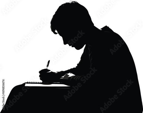 Silhouette of a focused student writing in notebook, studying hard, education concept, learning process, academic success, concentration, schoolwork, exam preparation.