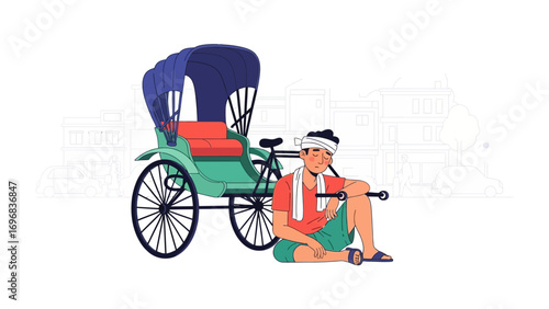 Rickshaw and Man Illustration: An illustration featuring a traditional rickshaw and a man resting after work, capturing a moment of simplicity and everyday life.