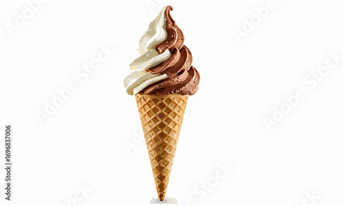 _ice cream cone with vanilla and chocolate swirl, realistic style, isolated on white background.Generative ai