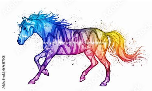 "Abstract horse silhouette made of colorful sound waves and flowing lines, isolated on white background, modern digital art, generative AI