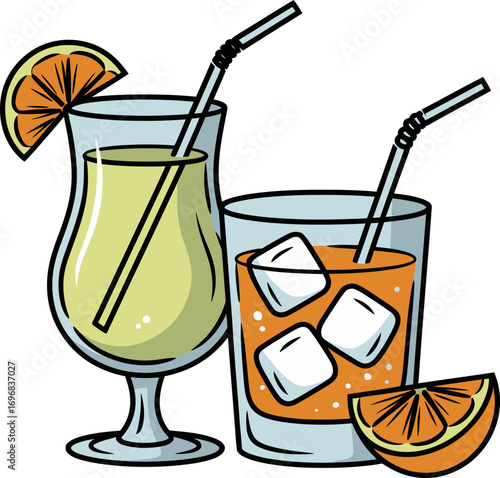 Refreshing tropical cocktails with orange garnishes and ice, perfect for a summer celebration.