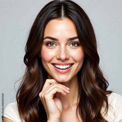 Close-up headshot portrait of a beautiful young brunette woman with a relaxed and confident expression, showcasing a perfect radiant smile with brilliant white teeth and glowing, healthy skin
