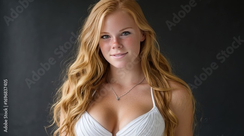 Wallpaper Mural Attractive woman poses elegantly in a white dress with a dark background, showcasing her beauty and style in soft, natural lighting Torontodigital.ca