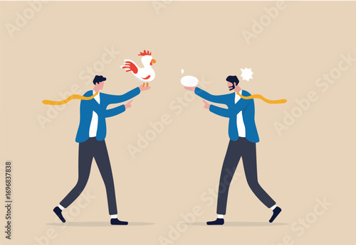 Business argument, conflict or disagreement, wasted meeting time arguing with no result, controversy question concept, businessman colleagues arguing or fight about chicken vs egg who come first.