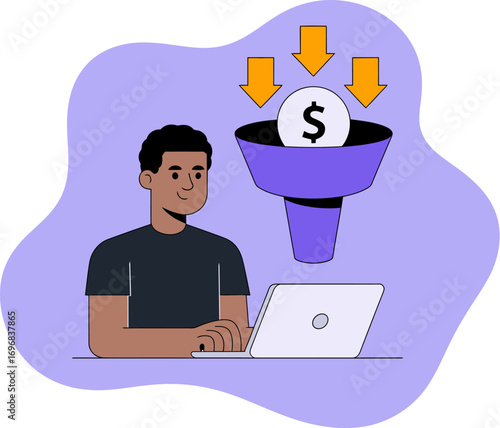 Man using laptop with money funnel symbolizing income generation and financial growth concept.