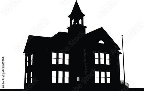Silhouette of classic school building with bell tower, multiple windows, flagpole, isolated on white background, education, architecture, historic.