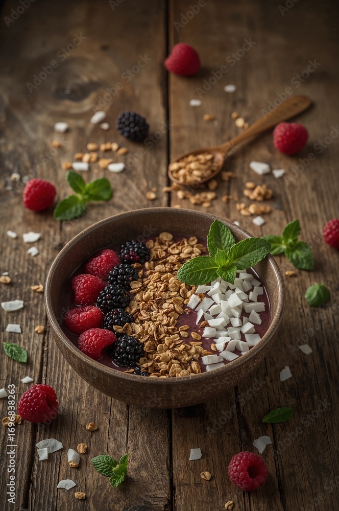 Fototapeta premium Estilo de Vida Saludable y Comida Gourmet: Açaí Bowl Artesanal con Texturas y Colores Vivos, Ideal para el Blog o Redes Sociales de Alimentación.