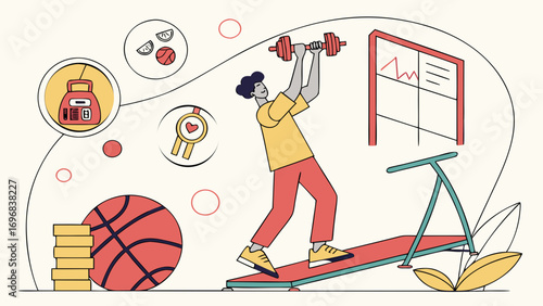 Fitness workout vector illustration with person lifting dumbbells, gym equipment, treadmill, and sports training icons, Fitness workout vector illustration with person lifting dumbbells, gym equipment