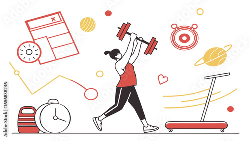 Fitness workout vector illustration with person lifting dumbbells, gym equipment, treadmill, and sports training icons
