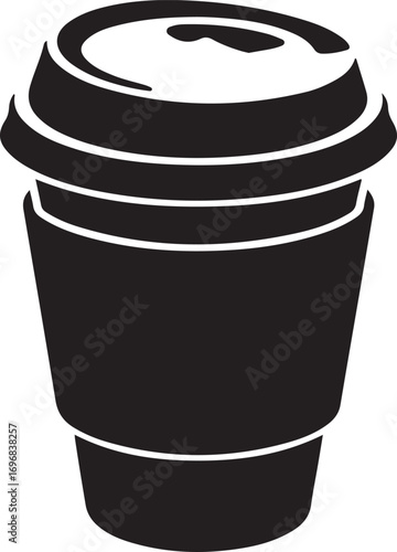 Simple black silhouette of a takeaway coffee cup with a lid perfect for branding and design projects