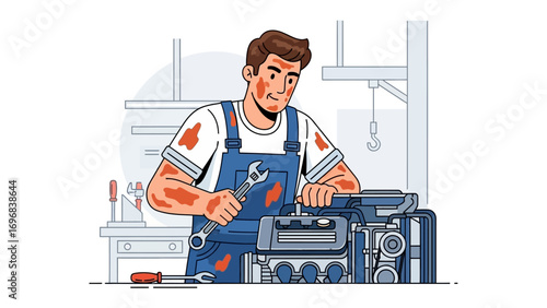 Mechanic at Work: A dedicated mechanic meticulously works on an engine in his garage, focused on a skilled repair, embodying the essence of manual labor and automotive expertise.