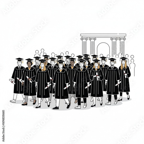 A group of graduates wearing caps and gowns proudly walking together, each holding their diplomas, symbolizing success and achievement.