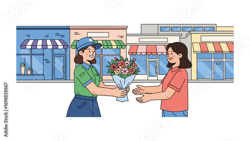Delivery Blossom: A heartwarming illustration captures a flower delivery person passing a bouquet to a delighted customer, framed by the charming architecture of a city street.