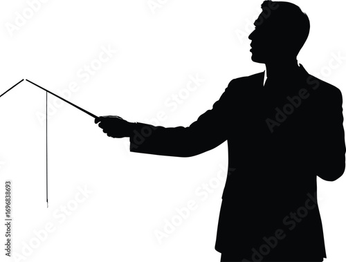 Silhouette of businessman in suit pointing with stick, professional presentation concept, corporate training, seminar, leadership, and business communication.