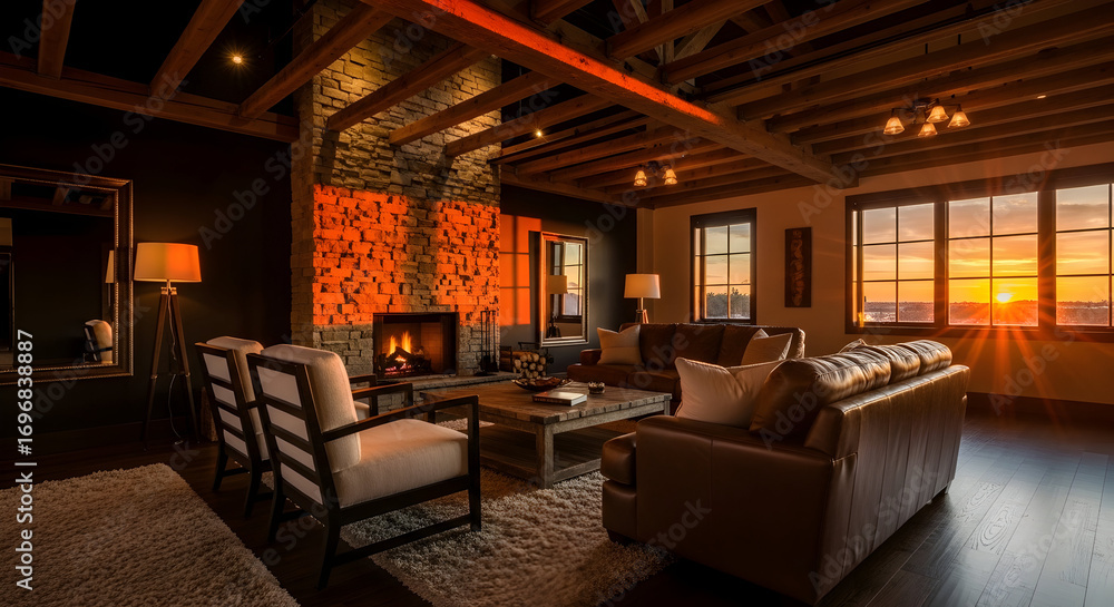 Naklejka premium Cozy Living Room With Sunset View: A Luxurious Retreat for Relaxation and Socializing