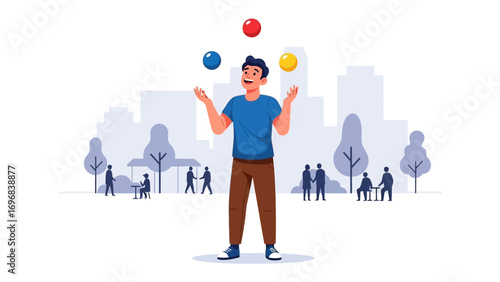 Balancing Act in the City: A skilled juggler captivating audience, showing great skill and control, creating a captivating spectacle.