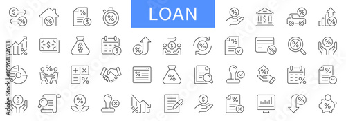 Loan thin line icons set. Credit rating, mortgage, interest rate editable stroke icon. Vector illustration