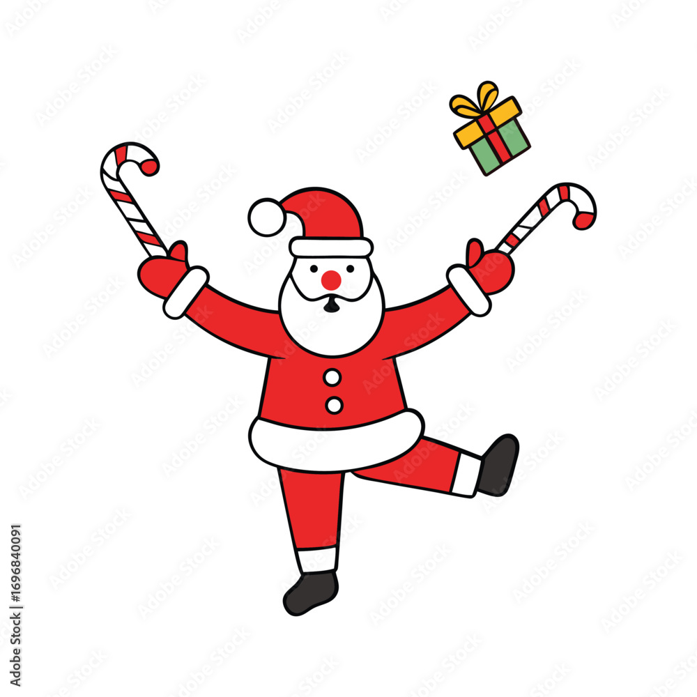 Obraz premium Santa Claus Juggling Candy Canes and Christmas Gifts Festive Vector illustration.