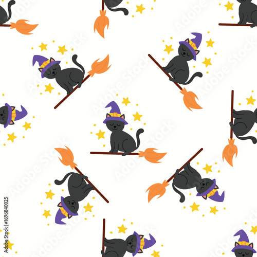 Seamless Pattern of Black Cat on Broomstick