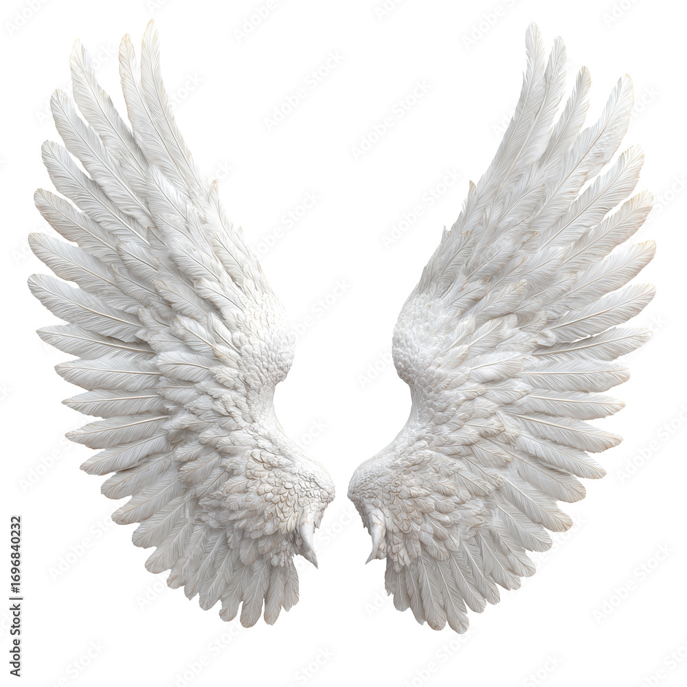 Obraz premium 3D representation of white angel wings, isolated on transparent background