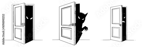 Pencil drawing, seamless border in the form of a set of images of doors behind which monsters are hiding, Halloween, monochrome isolated vector image on a transparent background