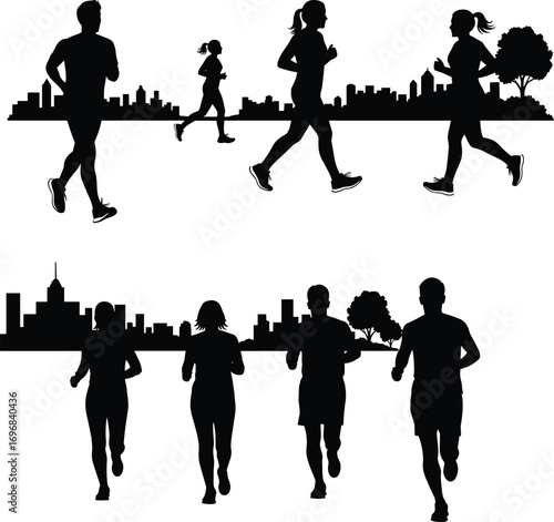 Running silhouette, jogger, cityscape background, outdoor activity, male female figure, black white art, urban fitness scene