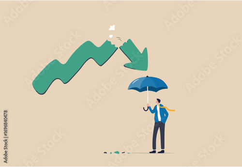 Protect from stock market crash, insurance to protect from risk or uncertainty, investment margin of safety concept, businessman investor holding strong umbrella ready for downturn arrow graph. 