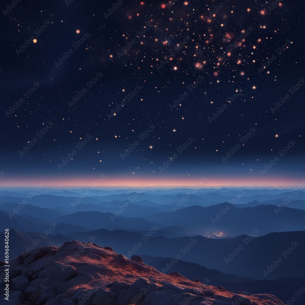 Naklejka premium A stunning night scene with starry sky over mountain peaks and city lights in distance