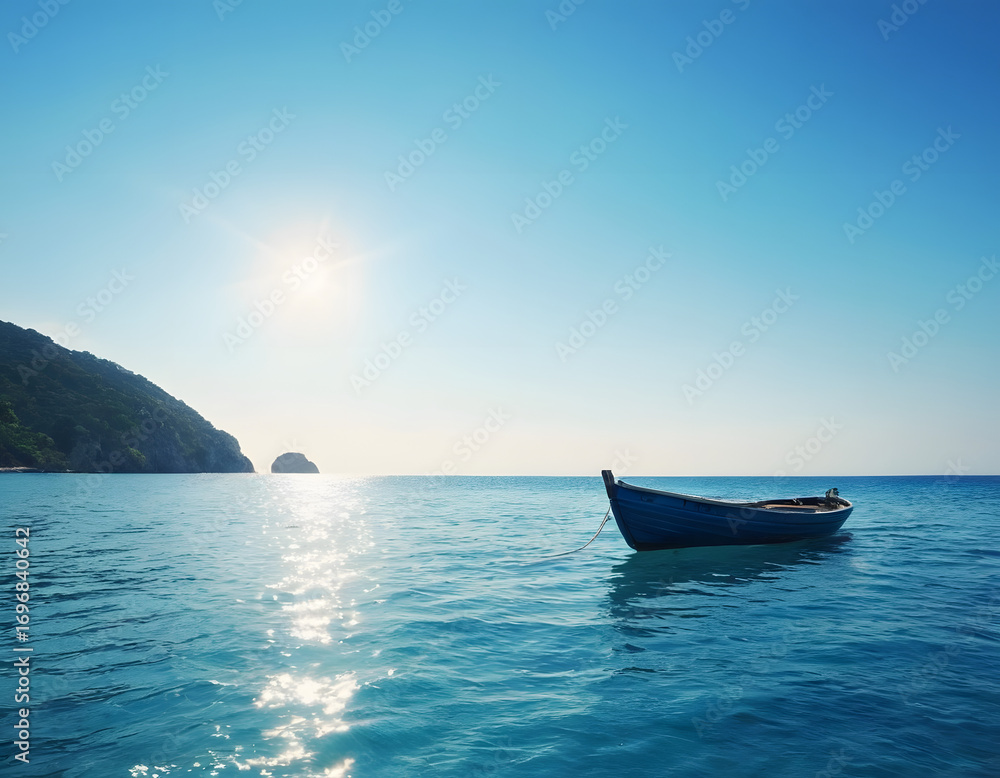 Naklejka premium sea blue scenery ocean landscape illustration boat scenic, seascape view, summer beach sea blue scenery ocean landscape, boat on the sea, sailing boat on the sea
