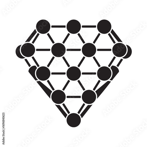 Abstract geometric diamond shape formed by interconnected black dots and lines representing network connections or a molecular structure