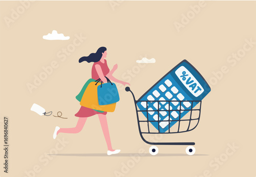 VAT Value Added Tax, consumption tax on value added of product and service for consumer to pay, percentage concept, woman carry shopping bags with VAT price tag and calculator on shopping cart. 