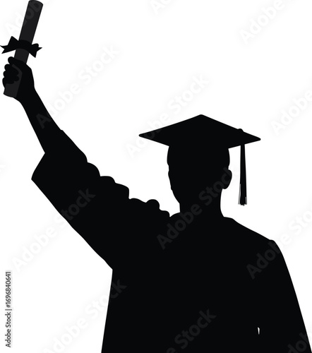Silhouette of graduate student holding diploma, wearing graduation cap and gown, celebrating achievement, education success, academic accomplishment, graduation ceremony concept.