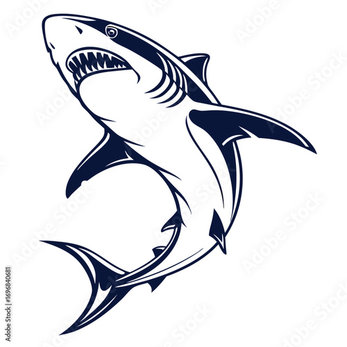 Dynamic Illustration of a Great White Shark with Open Jaws and Fins Extended aggressive