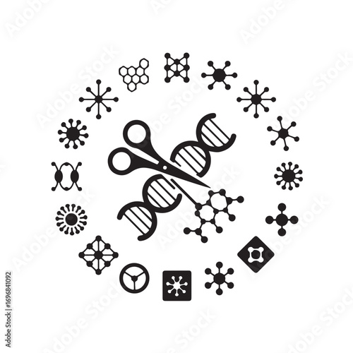 Abstract illustration of scissors cutting a dna helix surrounded by various molecular and scientific icons in a circular pattern symbolizing genetic engineering and biotechnology research
