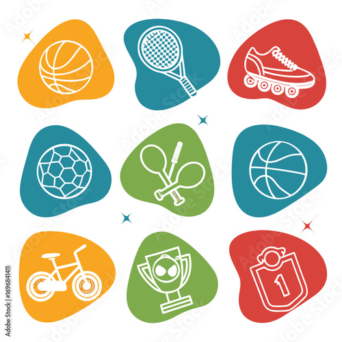 Sports equipment and trophy icons recreation basketball
