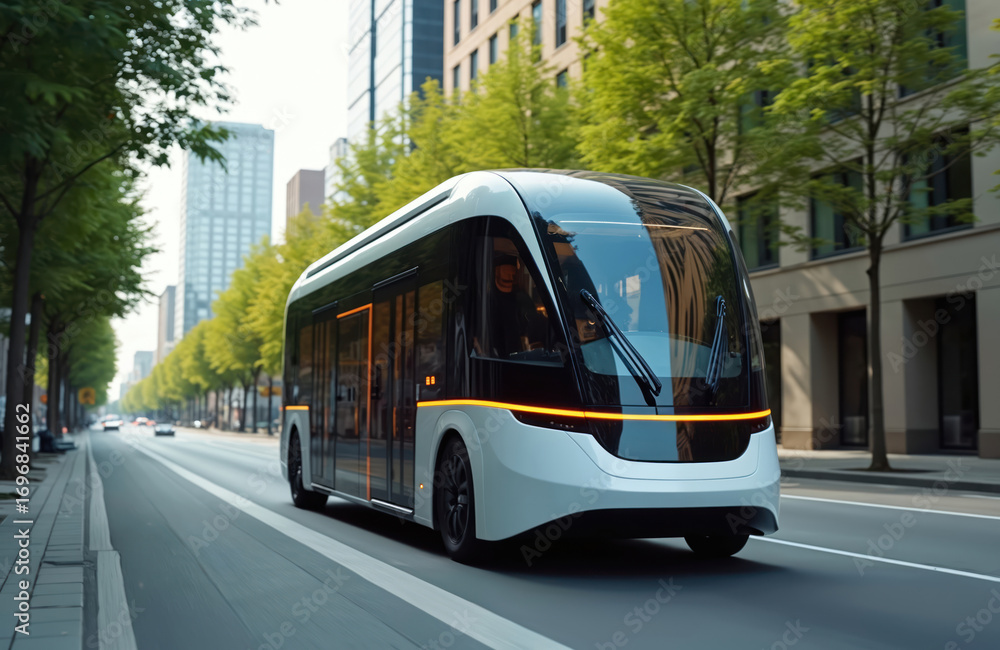 Fototapeta premium Sleek self driving shuttle bus glides through busy city street lined with trees, tall buildings. Autonomous vehicle represents future transportation, innovation, electric power, AI technology for