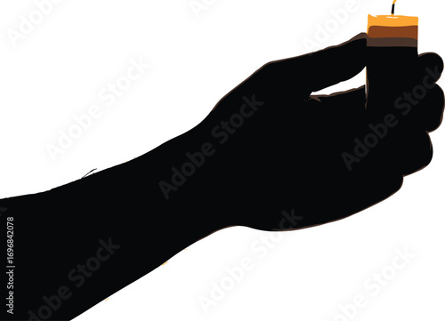 Silhouette of hand holding small burning candle with flame, symbolizing light, hope, warmth, peace, spiritual energy, and meditation focus.